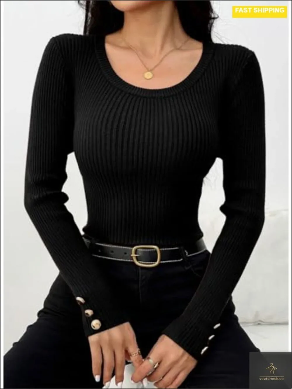 Women's Slim Fit Ribbed Knit Pullover Sweater with Decorative Button Cuffs -